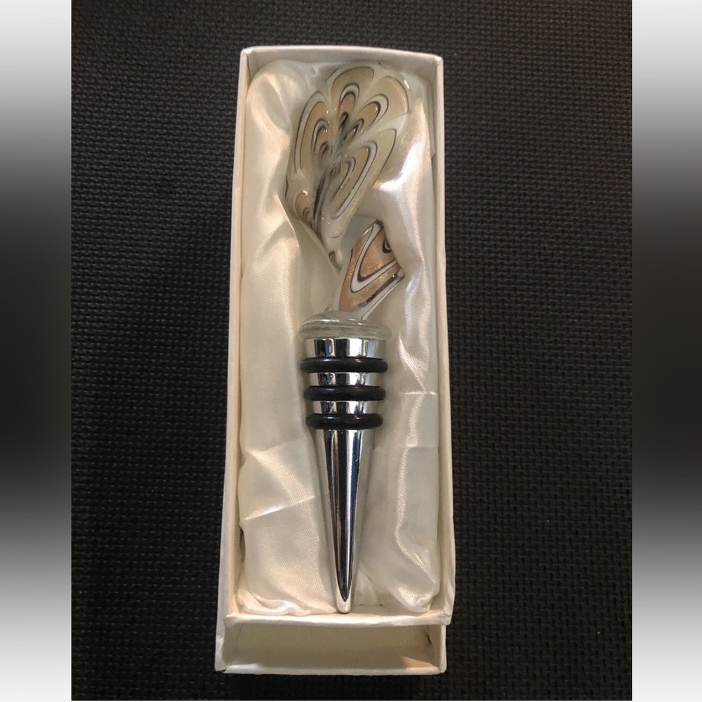 Murano Art Deco Collection Glass Wine Stopper Swirled Clear Gold Silver NIB‎